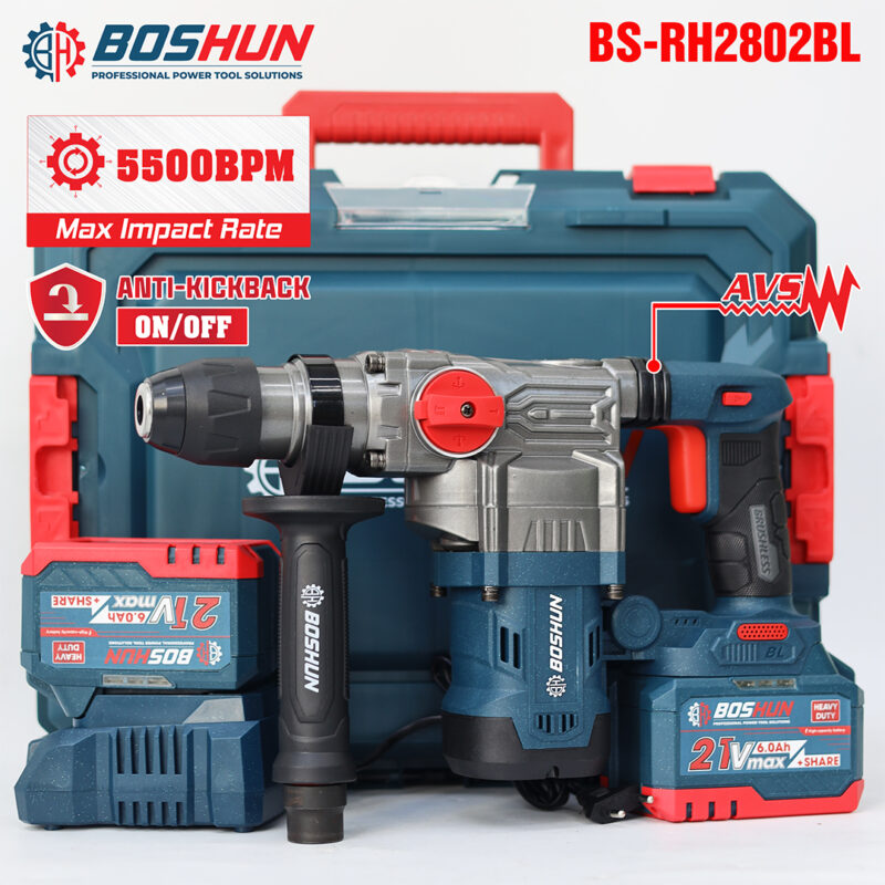 Máy khoan đục pin Boshun 21V - 6.0Ah. Không chổi than  - 02 pin 15cell